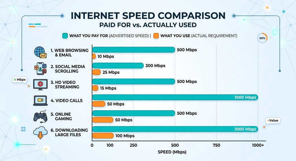 Chart comparing paid internet speed versus actual usage