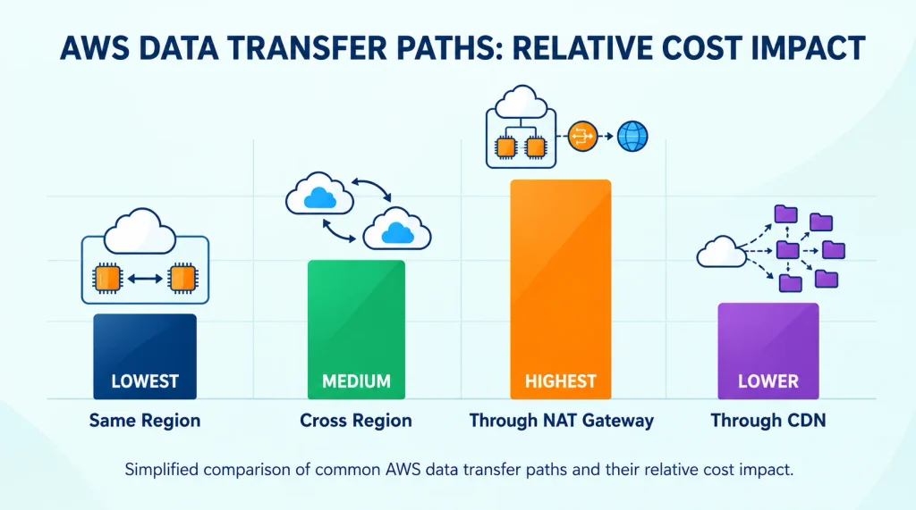 Chart comparing relative AWS data transfer costs across different routing scenarios
