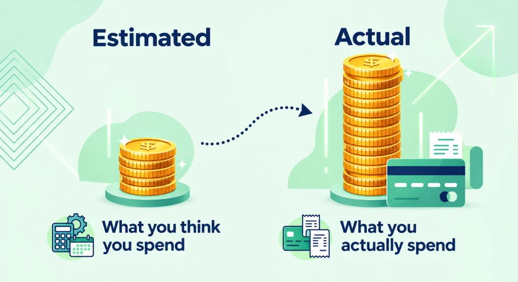 Estimated spending compared with actual spending, showing higher real expenses