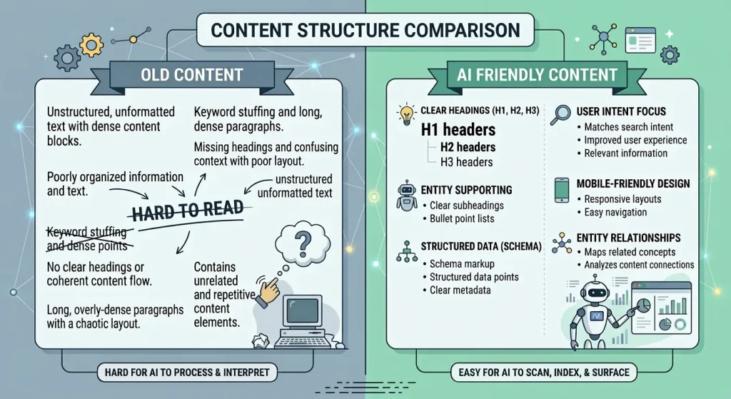 Comparison of old unstructured content versus AI-friendly structured content