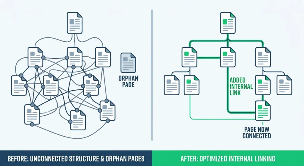 Before and after diagram showing an orphan page reconnected with an internal link
