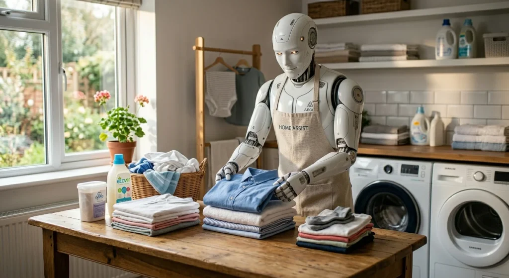 Friendly face robot gently folding laundry