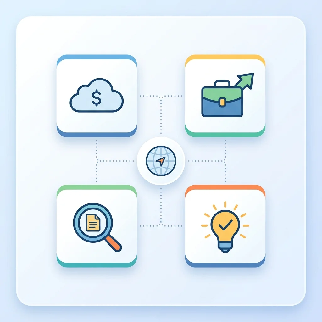 Four icons representing cloud costs, career decisions, content SEO, and smart decisions