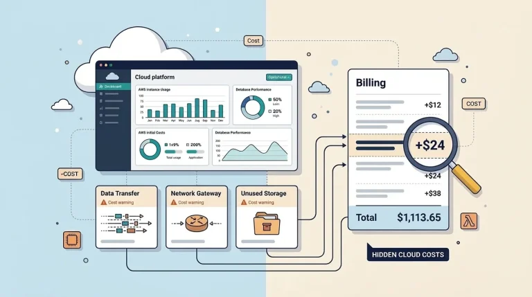 Infographic showing hidden AWS costs like NAT Gateway and data transfer fees