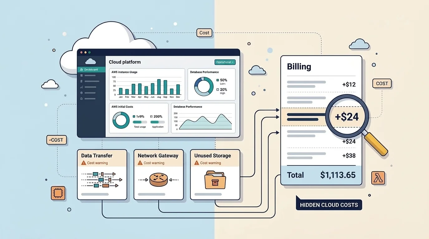 Infographic showing hidden AWS costs like NAT Gateway and data transfer fees