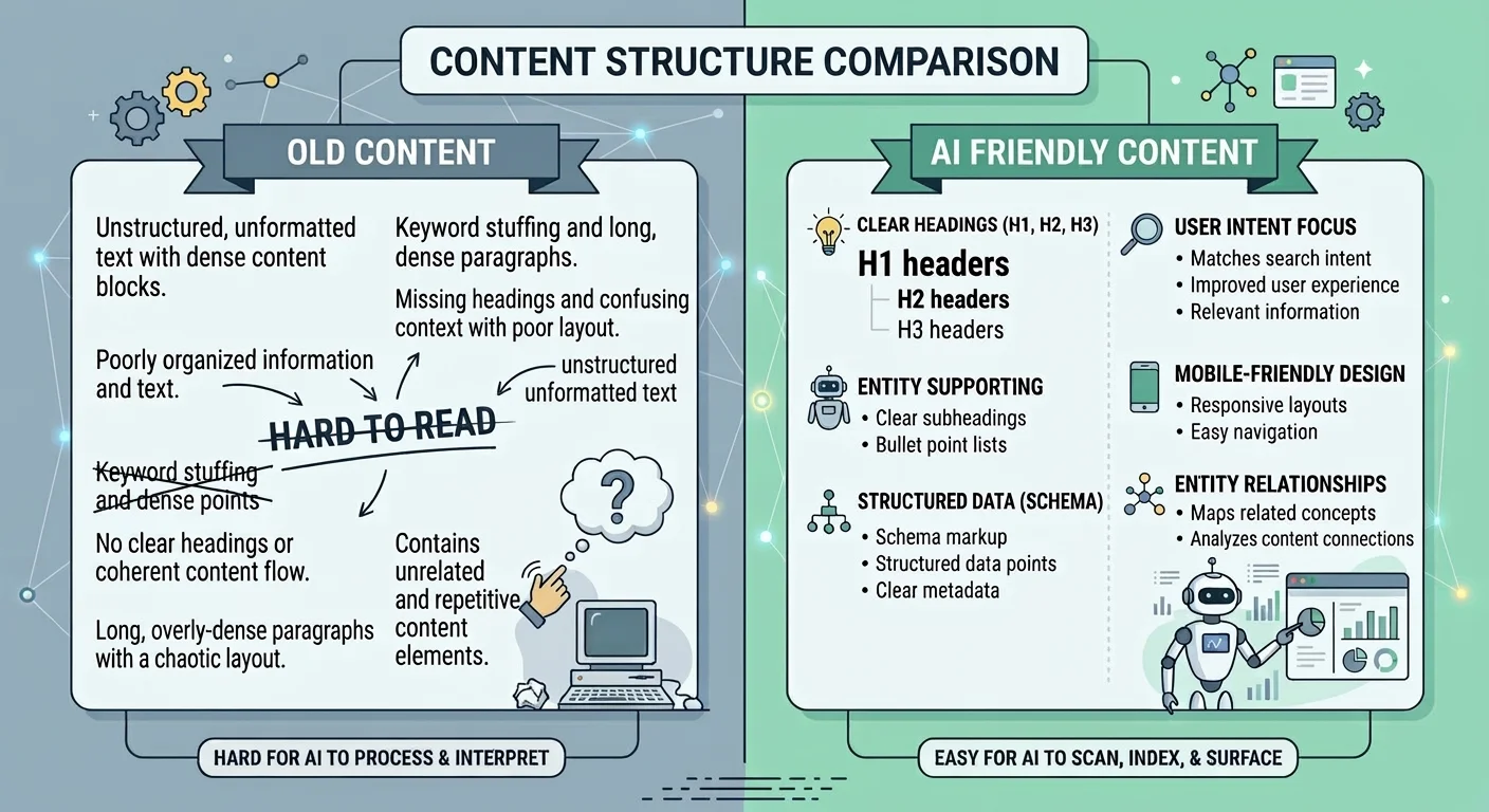 Comparison of old unstructured content versus AI-friendly structured content