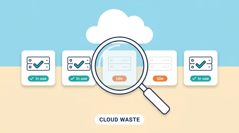 Illustration of a magnifying glass finding idle servers in a row of cloud servers