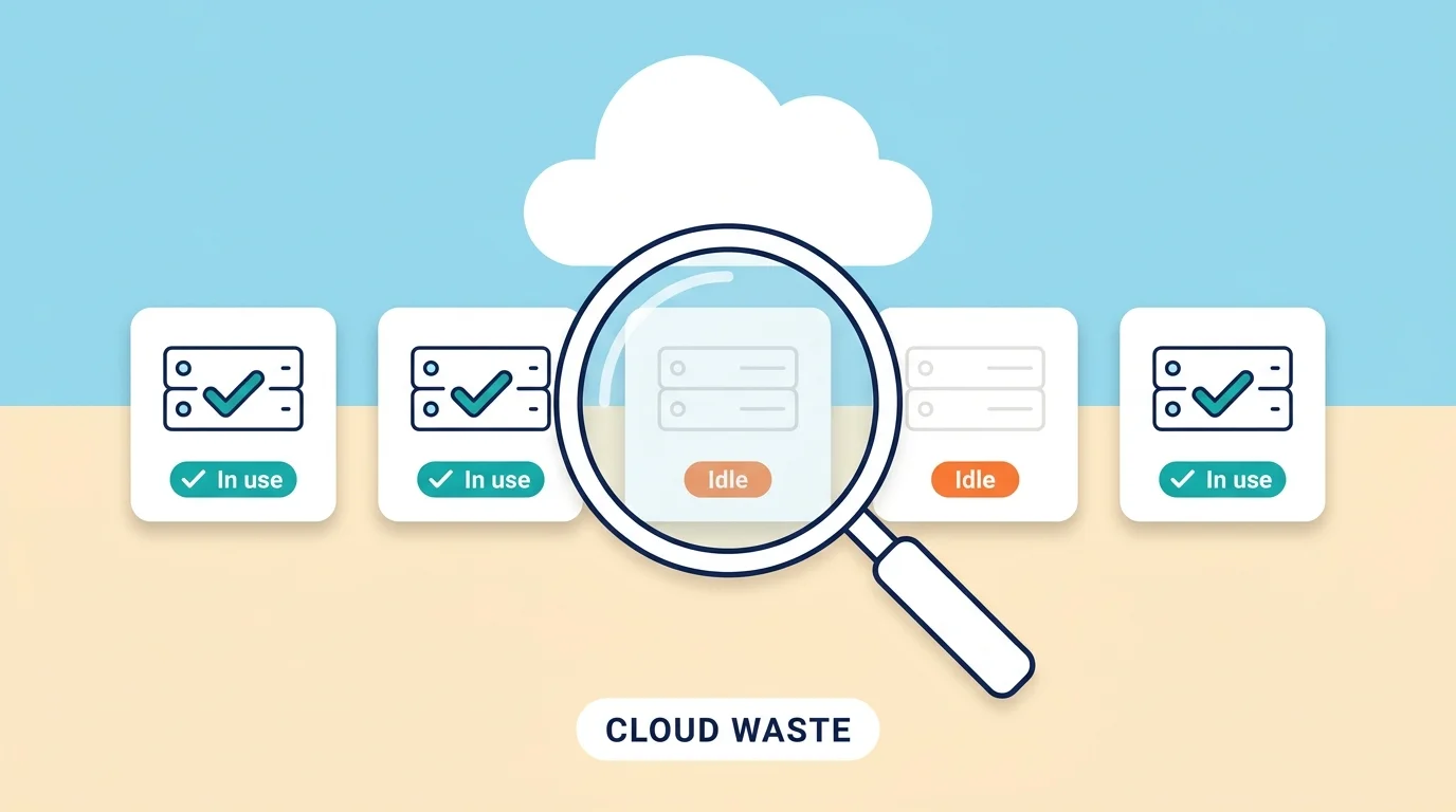 Illustration of a magnifying glass finding idle servers in a row of cloud servers
