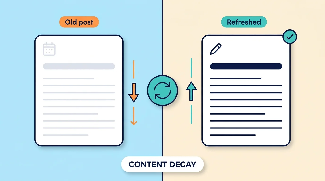 Comparison of an old, faded post declining versus a refreshed, updated post rising.