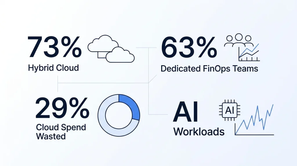 FinOps adoption trends showing 73% hybrid cloud, 63% dedicated FinOps teams, 29% cloud spend wasted, and AI workloads