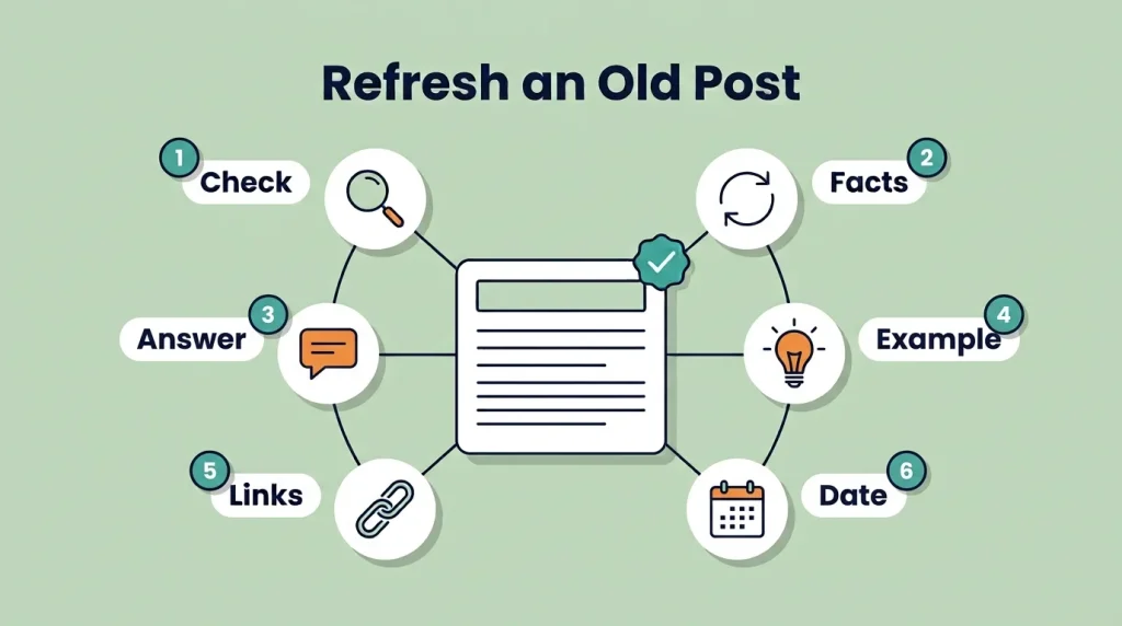 Infographic showing a 6-step checklist to refresh an old post