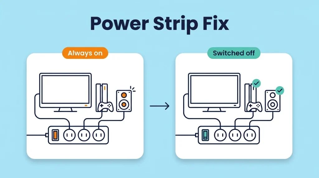 Before and after illustration of a power strip with devices glowing in standby versus switched off