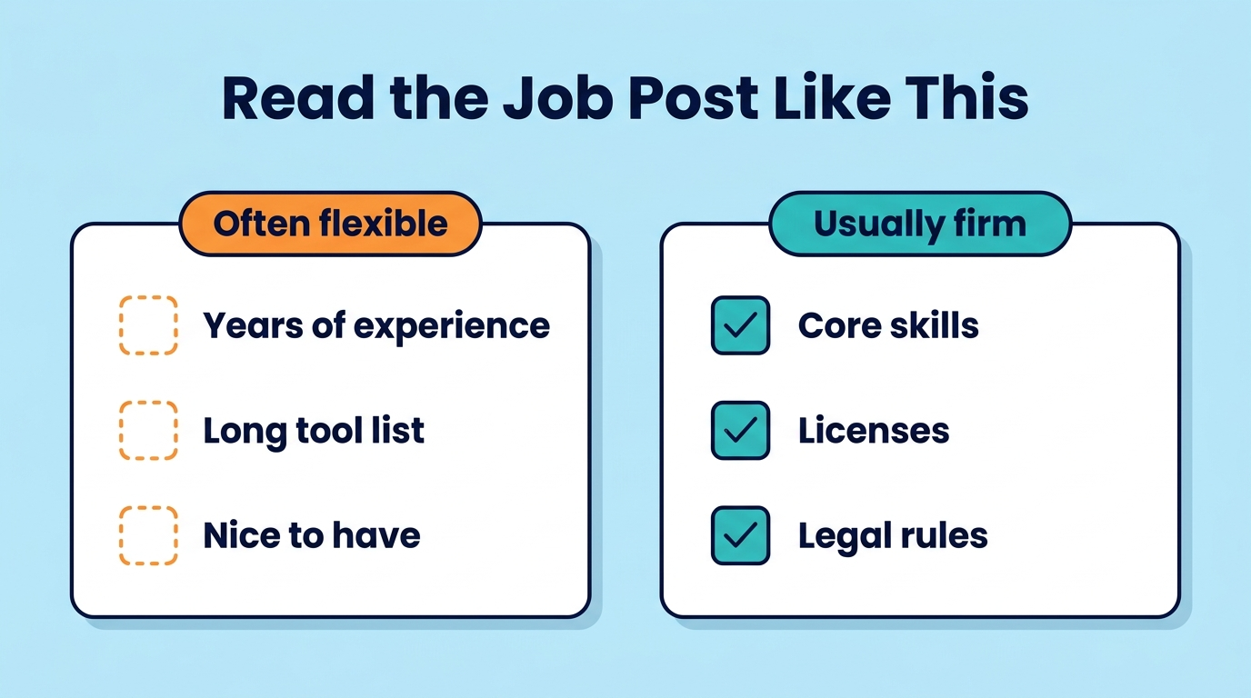 Two lists showing which job post requirements are often flexible and which are usually firm