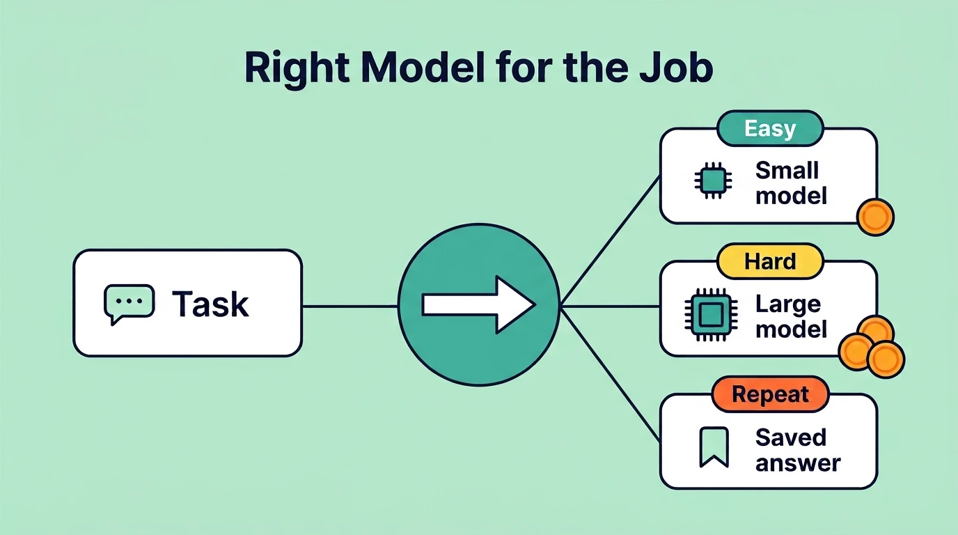 Diagram sending easy tasks to a small model, hard tasks to a large model, and repeat questions to a saved answer