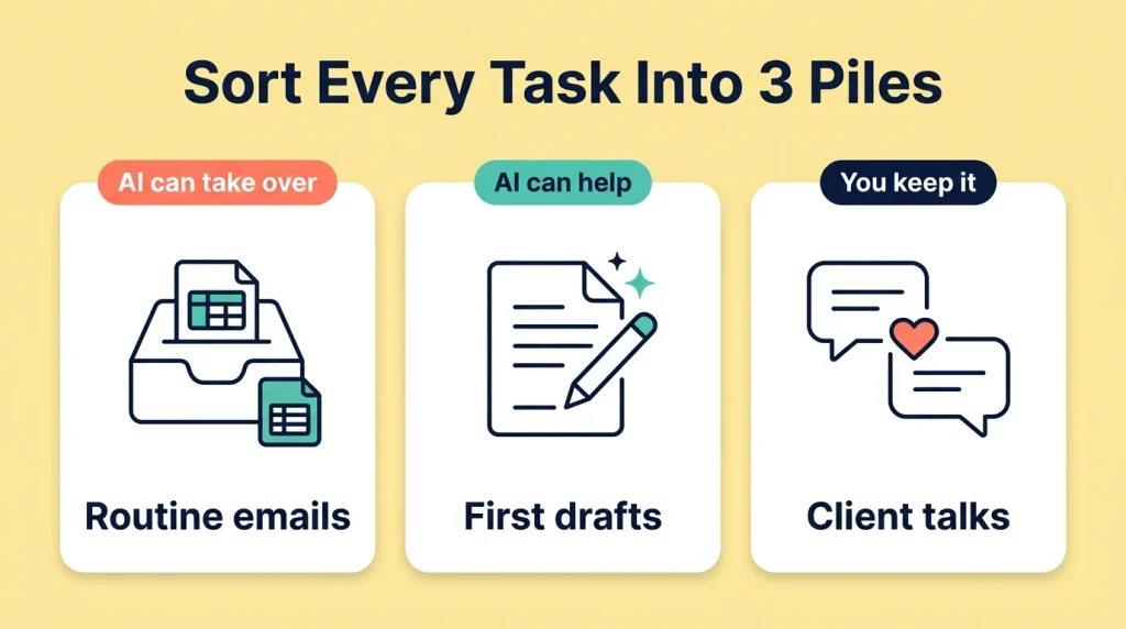 Illustration of three piles for sorting work tasks: AI can take over, AI can help, and you keep it