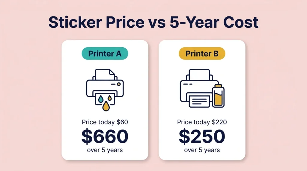 Comparison of two printers showing a 60 dollar printer costing 660 dollars over five years and a 220 dollar printer costing 250 dollars