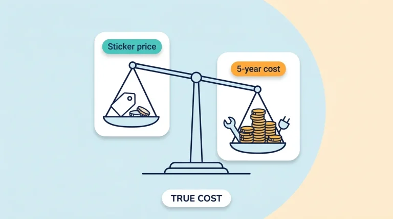 Balance scale tipping toward a heavy pile of coins, a wrench, and a plug, with a small price tag on the lighter side