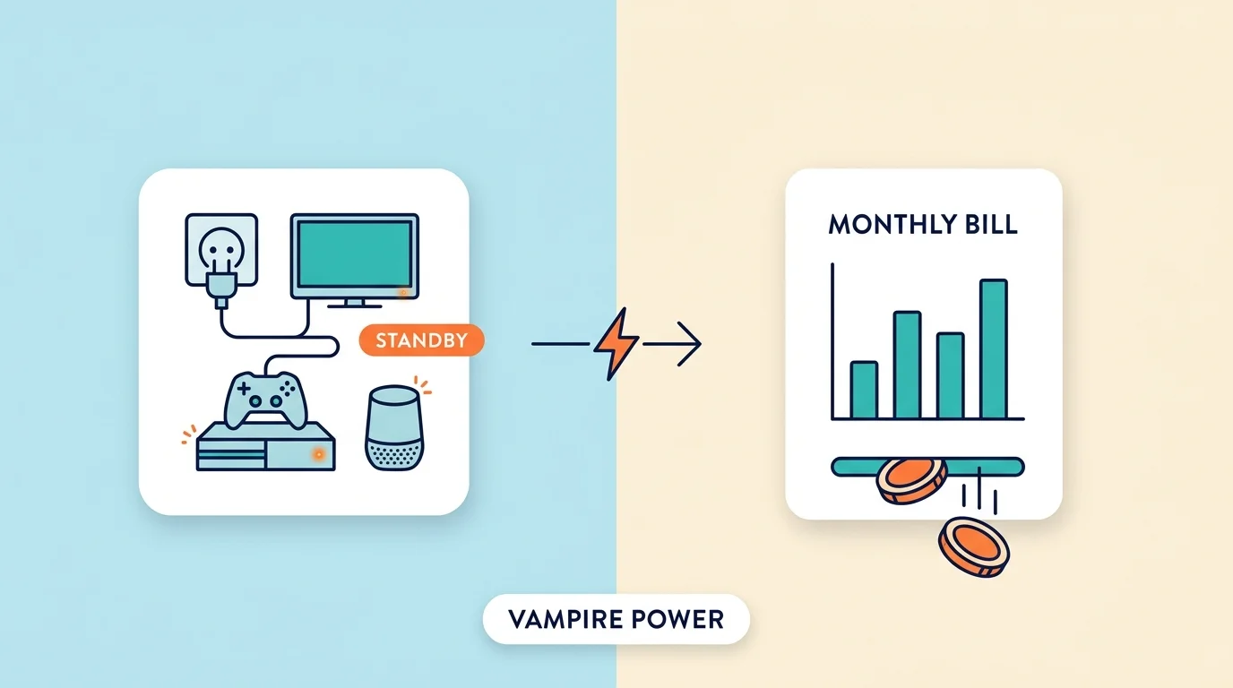 Illustration of plugged-in devices with standby lights draining power and raising a monthly electricity bill