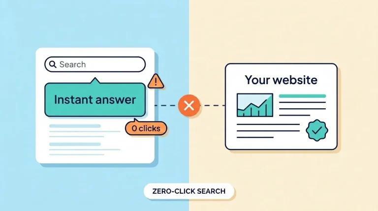 Illustration of a search answer with zero clicks, blocked from reaching a business website
